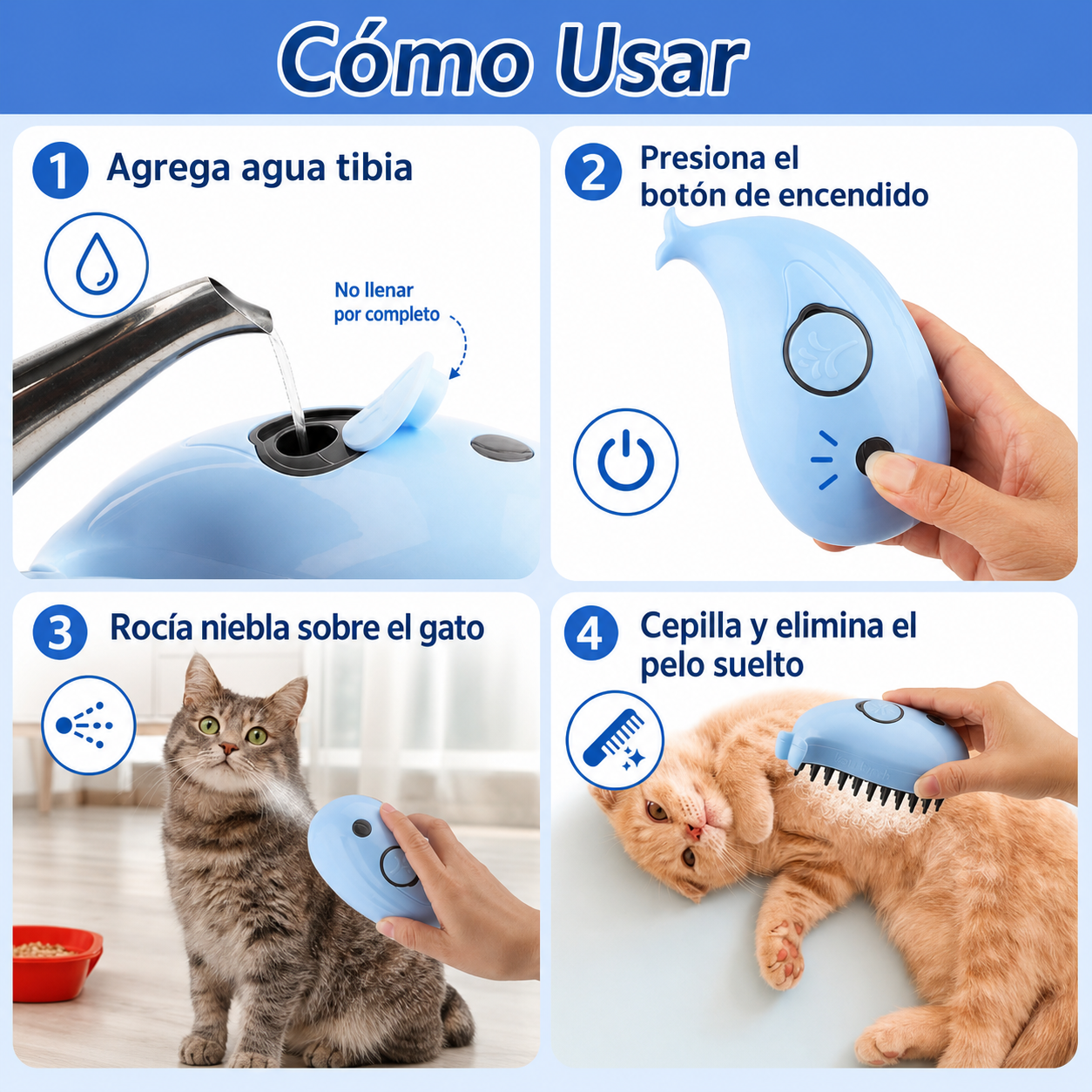Cepillo Eléctrico 3 en 1 con Vapor para Perros y Gatos